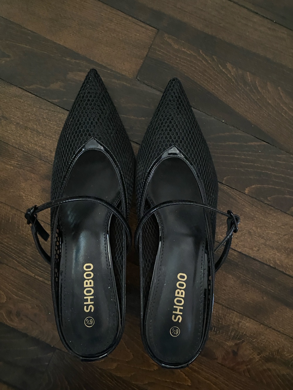 Black Pointed Mesh Slingback Mules